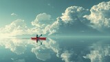 Conceptual illustration of a man lost in the vastness of the ocean, paddling on a canoe amidst calm waters, conveying a sense of solitude and inner reflection.