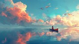 Abstract illustration capturing the essence of solitude, with a man paddling on a canoe across a serene and expansive seascape.