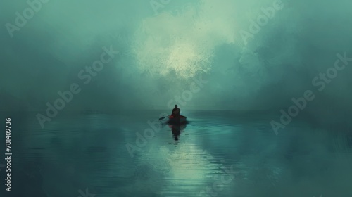 Illustration capturing the essence of solitude, with a solitary traveler on a canoe, lost amidst the serene beauty of the ocean. © taelefoto