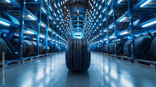 Innovative tire on display in a state-of-the-art warehouse rack, emphasizing readiness for tomorrow's vehicles, in 4k