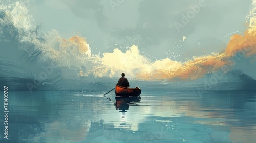 Conceptual illustration of a man lost in the vastness of the ocean, paddling on a canoe amidst calm waters, conveying a sense of solitude and inner reflection.