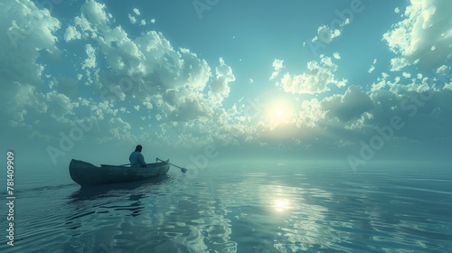Artistic depiction of a lone traveler navigating the sea in a canoe, highlighting the theme of solitude and introspection in a vast and empty ocean.