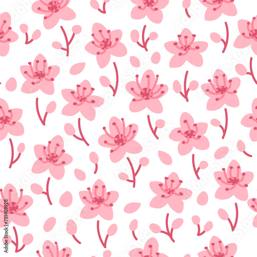 Pink cherry sakura flowers seamless pattern on white background.