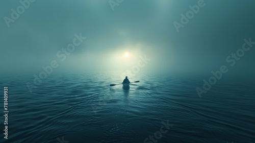Artistic depiction of a lone traveler navigating the sea in a canoe, highlighting the theme of solitude and introspection in a vast and empty ocean.