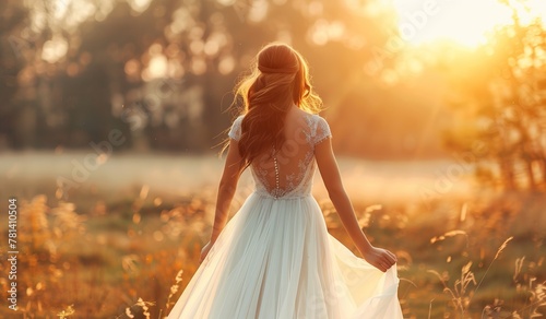 Elegant woman in a white dress enjoying a sunset in a tranquil field photo