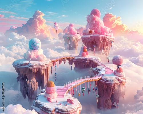 Levitating Confectionery Isles Adrift in Pastel Cloud Realm photo