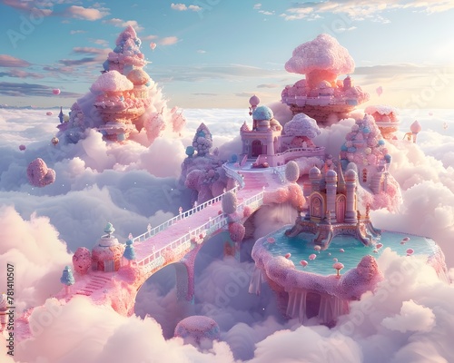 Floating Dessert Isles in a Pastel Cloud Dream World with Connecting Bridges photo