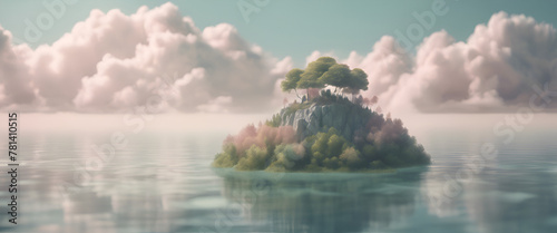  A whimsical floating island with lush greenery and cherry blossom trees amongst a sea of soft pink clouds, evoking fantasy and dreams. generative AI © Brianna