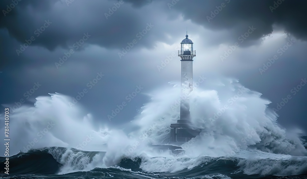 Majestic lighthouse standing resilient amidst crashing storm waves