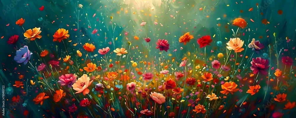 Explosion of Vibrant Floral Petals Across Lush Green Field in Nature s Display