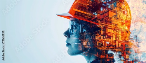 A depiction of digital building construction engineering deploying double exposure design over white setting, construction crews and space, Generative AI.