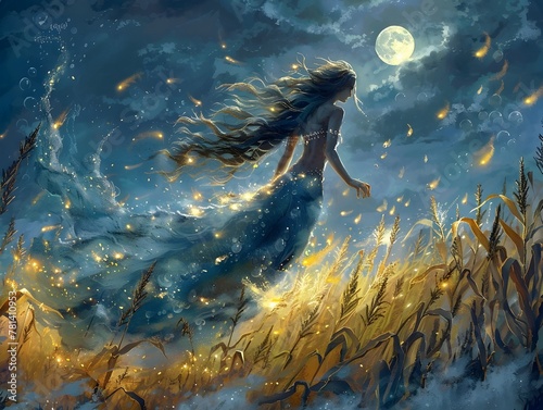 Ethereal Mermaid Summoning Gentle Tornado Amidst Cornfield Under Luminous Full Moon