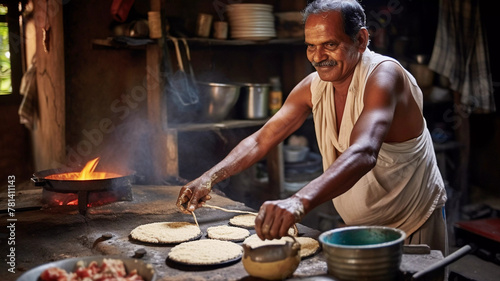 Fototapeta Naklejka Na Ścianę i Meble -  South indian man making dosa at road side, tamil street food and small business concept 