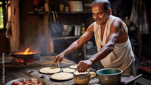 South indian man making dosa at road side, tamil street food and small business concept 
