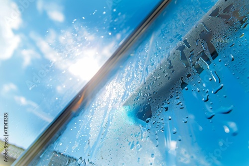 Close-up of a window being cleaned with a squeegee, clear blue sky, and soapy water droplets in view. Window Cleaning with Squeegee and Soapy Water photo