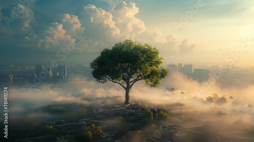 Solitary Tree on Misty Hill Overlooking City at Sunrise