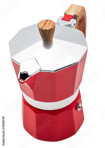 Red Moka pot coffee maker isolated over white background