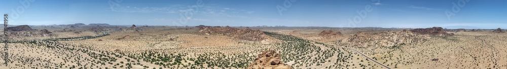 Drone panorama over the Namibian desert landscape near Twyfelfontein during the day