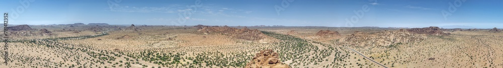 Drone panorama over the Namibian desert landscape near Twyfelfontein during the day