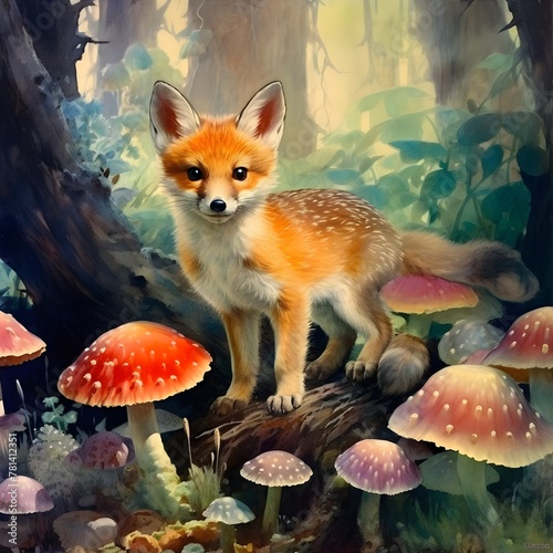 Adorable Baby Fox Emerges in a Mystical Twilight Forest of Glowing Mushrooms and Colorful Fish Scales Illustrated in a Whimsical Watercolor Style by