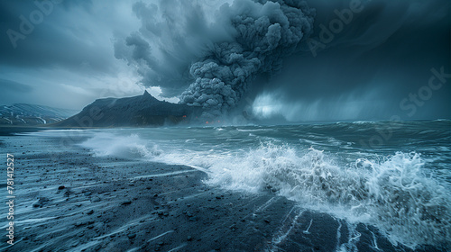 Eruption volcanique vue depuis la plage, paysage de volcans côtiers en éruptions par temps de tempête, islande