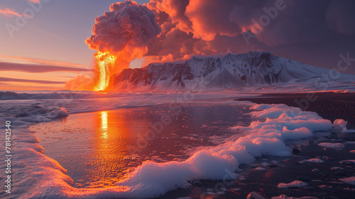 Eruption volcanique vue depuis la plage, paysage de volcans côtiers en éruptions au crépuscule, Islande photo