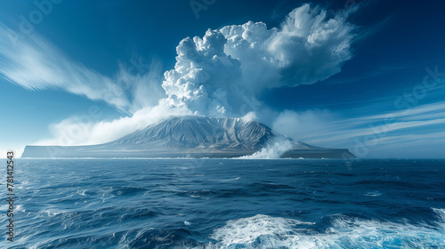 Eruption volcanique d'un grand volcan d'Islande vue depuis l'océan, paysage de volcans côtiers en éruptions par beau temps, glacier et coulée de lave