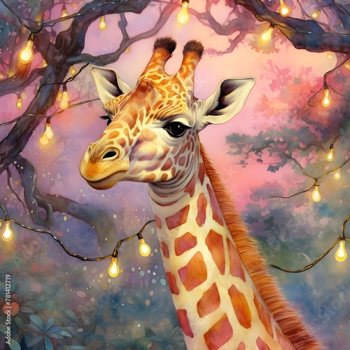 Baby Giraffe Adorned with Multicolored Fish Scales Basks in a Magical Sunset Savannah