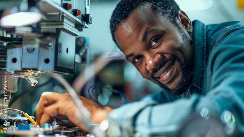 A close-up of a worker's face assembling a product with pride. The worker is wearing a smile and has a sense of accomplishment. A close-up of a worker's face assembling a product with pride. The worker is wearing a smile and has a sense of accomplishment.