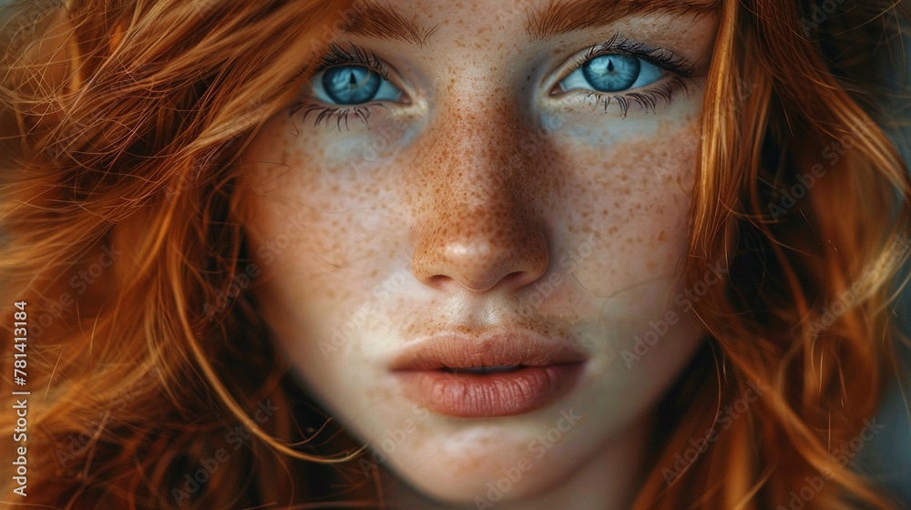 A close-up portrait of a girl with long wavy red hair and piercing blue eyes A close-up portrait of a girl with long wavy red hair and piercing blue eyes