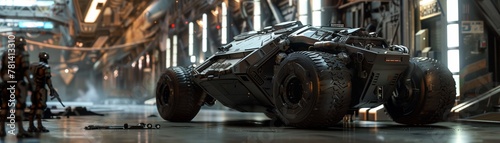 A futuristic armored vehicle stands ready in a sci-fi hangar