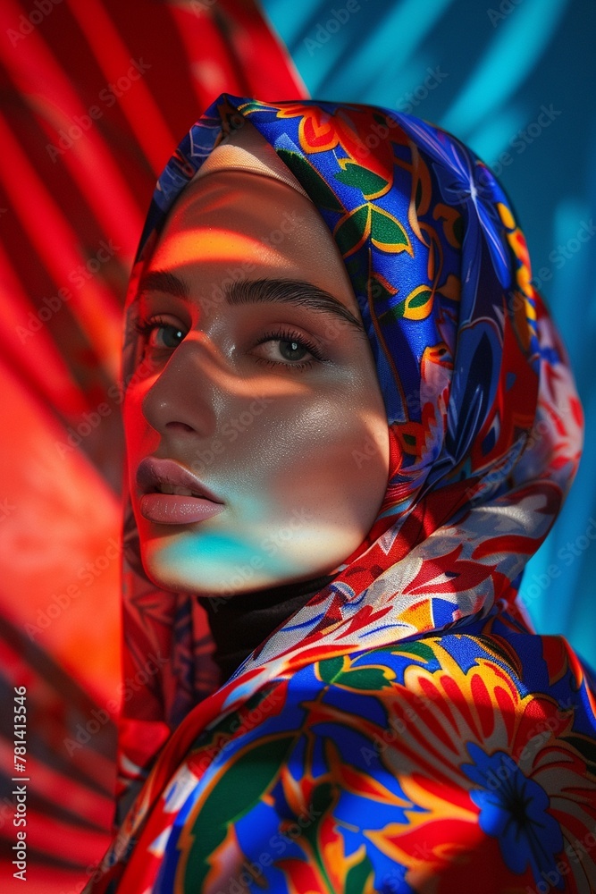 A striking fashion portrait of a woman wearing a colorful hijab with a bold red and blue background.