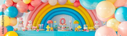 A vibrant Candyland party setup with a large rainbow whimsical balloons