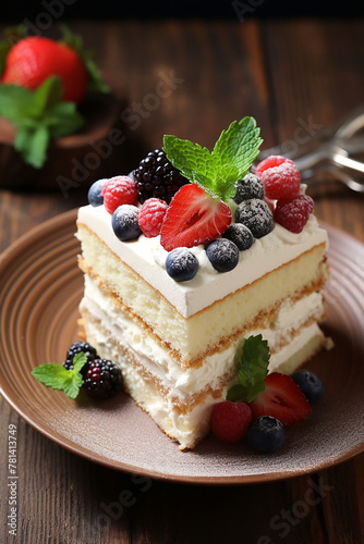 Birthday cake with gourmet fresh berry and cream food anniversary new year celebration. AI