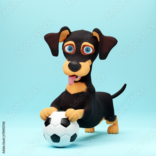 Cute dachshund dog playing with soccer ball on blue background. 3D cartoon character