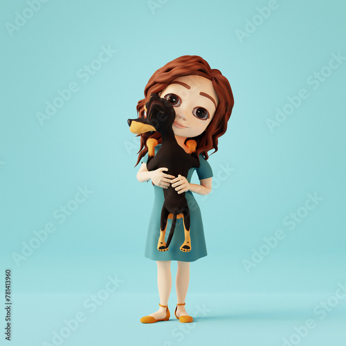 Girl holding cute dachshund dog on blue background. 3D cartoon character