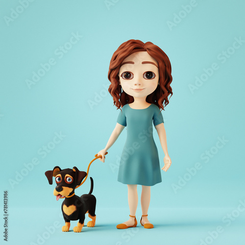 Girl walking with cute dachshund dog on blue background. 3D cartoon character