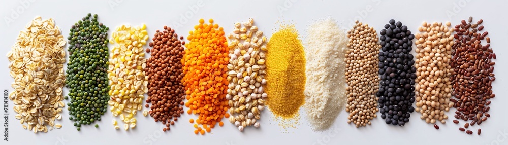 Top view of diverse grains and legumes arranged in rows on white background.