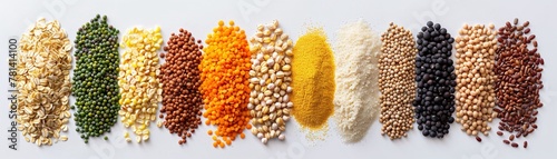 Top view of diverse grains and legumes arranged in rows on white background.