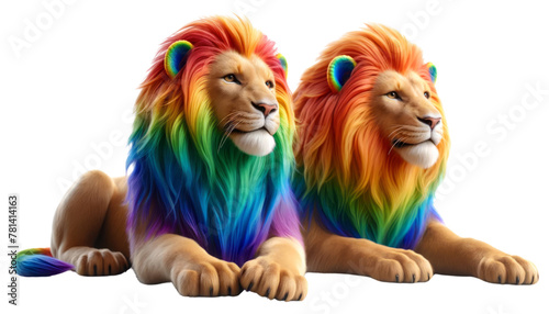 Two lions with rainbow colored manes and tails laying on a white background, Pride Day and Month, Rainbow ,3d render isolated transparent. photo