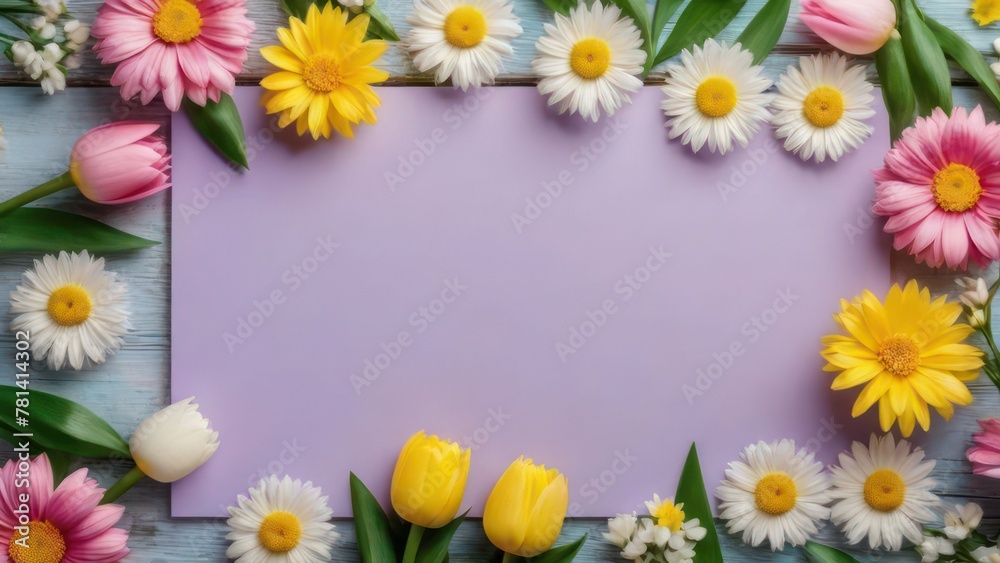 Seasonal Banner Mockup Spring Flowers on Wooden Table