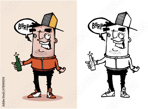 Caricatura de hombre eructando y con una cerveza en la mano