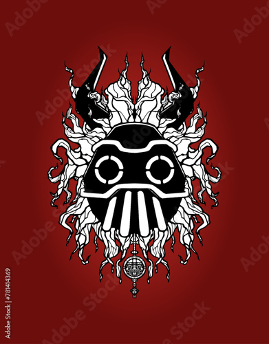 Máscara de guerrero con fondo rojo