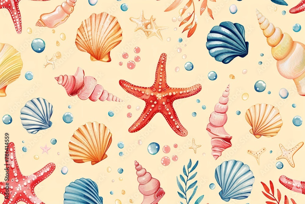 Lovely illustrated marine animal artwork with seaweed, seashells, and an inviting summer seascape over a pale beige backdrop, developed by hand and space, Generative AI.