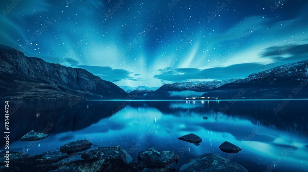 beautiful landscape with northern lights from a large lake and beautiful mountains at night in high resolution and quality