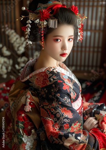 Enigmatic elegance: geisha gracefully captured in half-body shot, inviting you into the world of japanese tradition