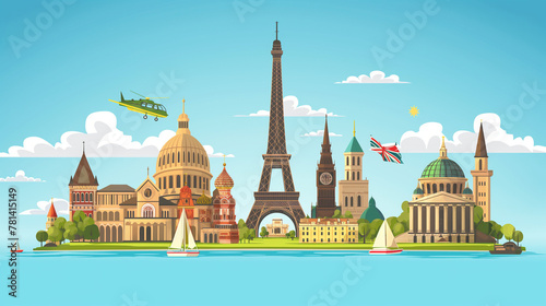 vector view of Europe travel destination landmark in background Eiffel tower, bigben tower famous church and landmark of famous place in Europe photo