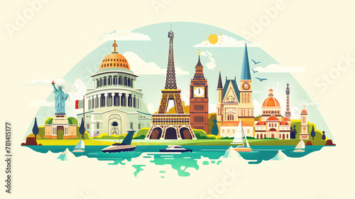 vector view of Europe travel destination landmark in background Eiffel tower, bigben tower famous church and landmark of famous place in Europe