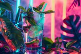 Mojito Cocktail on Neon Background, Mint Tropical Mocktail, Fresh Beach Party Coctail