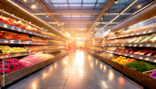 Blurred background of a light modern supermarket interior, sweet romantic moment on digital art concept, Generative AI.